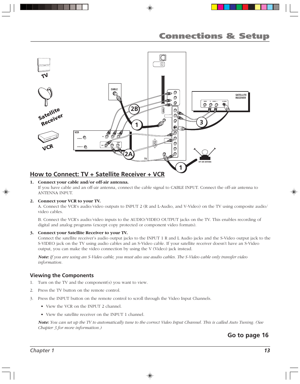 Connections & setup, How to connect: tv + satellite receiver + vcr, Go to page 16 | 12b 3 2a, Chapter 1 13, Viewing the components, Satellite receiver vcr, Menu ch ch vol — vol + po wer | RCA HD52W56 User Manual | Page 15 / 80