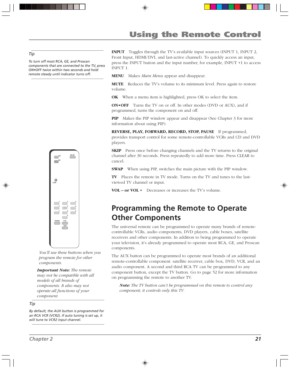 Using the remote control, Programming the remote to operate other components, Chapter 2 21 | RCA HD52W56 User Manual | Page 23 / 80