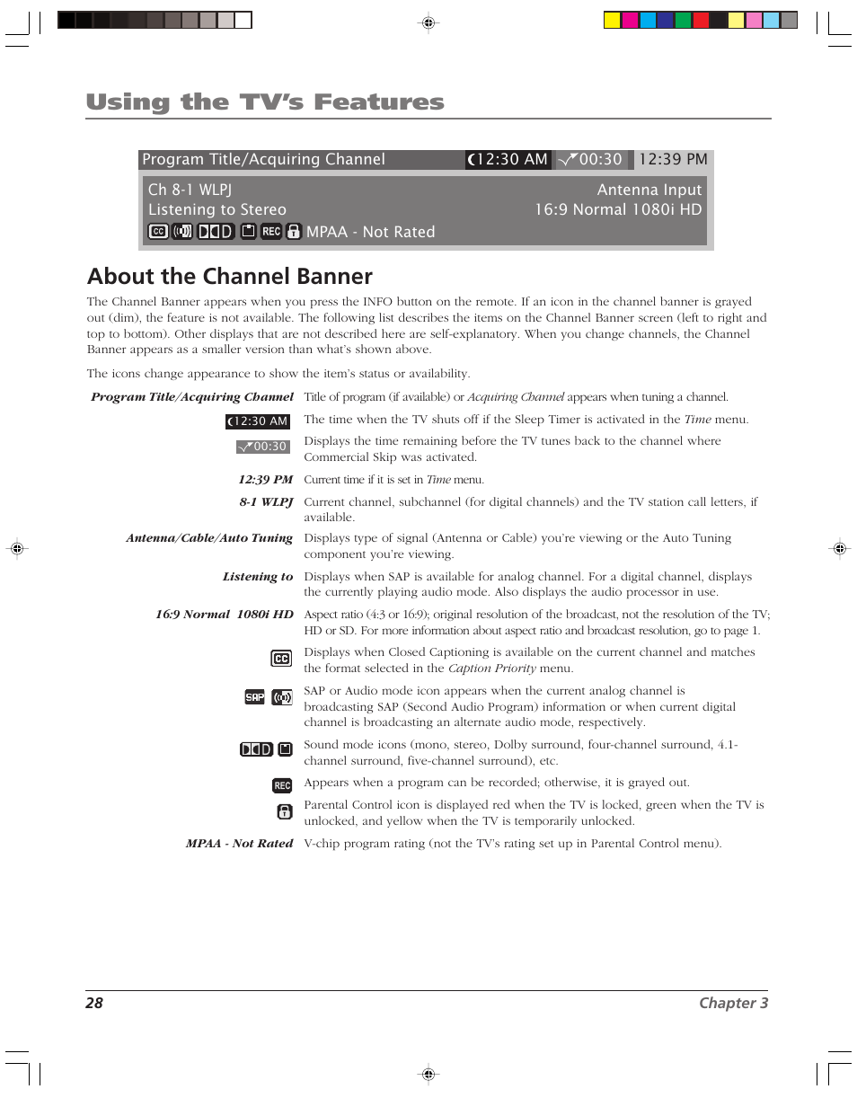 Using the tv’s features, About the channel banner | RCA HD52W56 User Manual | Page 30 / 80