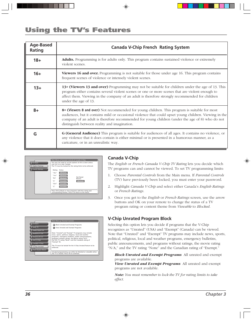 Using the tv’s features, 36 chapter 3 canada v-chip, V-chip unrated program block | RCA HD52W56 User Manual | Page 38 / 80