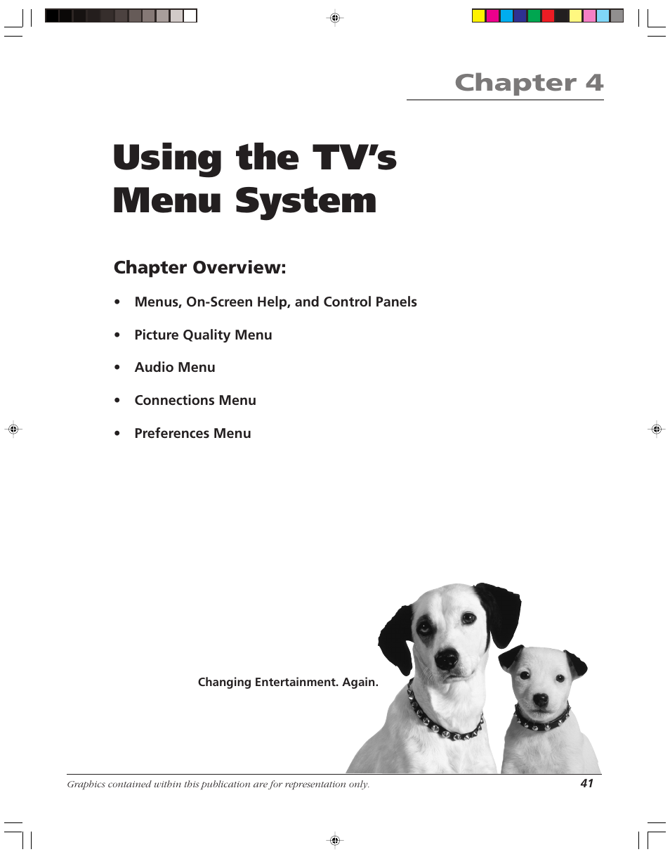 Using the tv’s menu system, Chapter 4, Chapter overview | RCA HD52W56 User Manual | Page 43 / 80