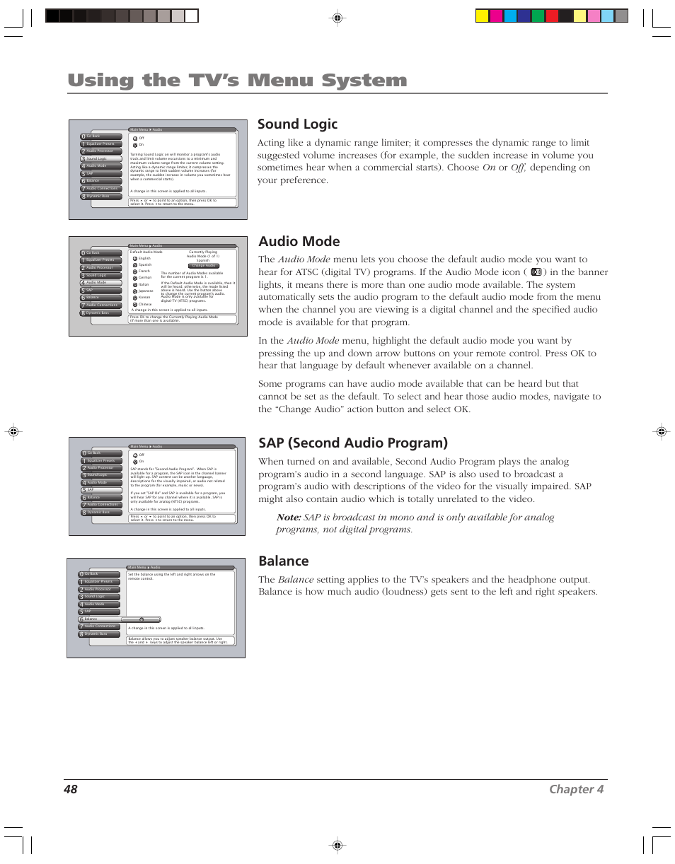 Using the tv’s menu system, Sound logic, Audio mode | Sap (second audio program), Balance, 48 chapter 4 | RCA HD52W56 User Manual | Page 50 / 80