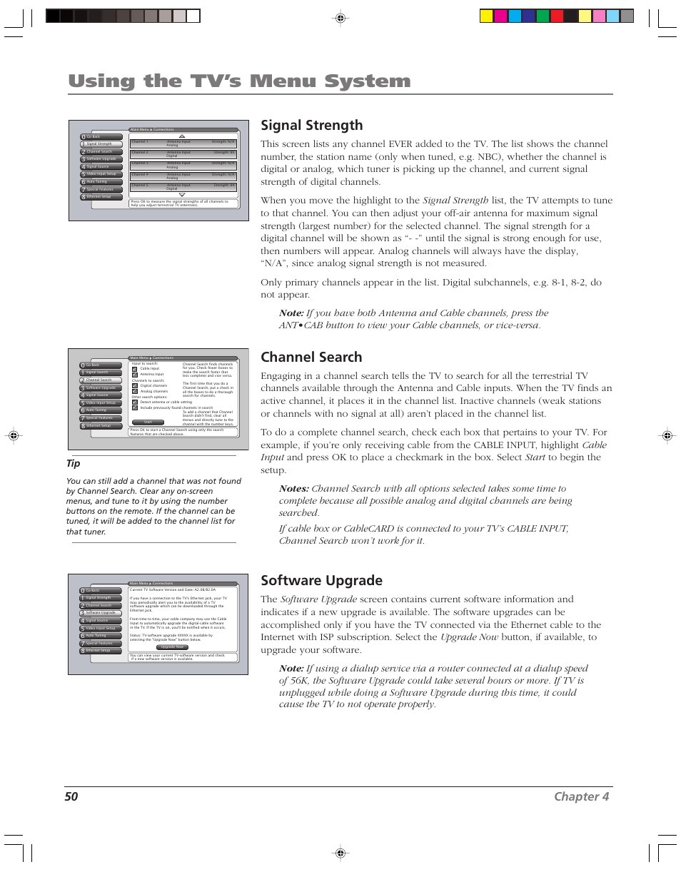 Using the tv’s menu system, Signal strength, Channel search | Software upgrade, 50 chapter 4 | RCA HD52W56 User Manual | Page 52 / 80