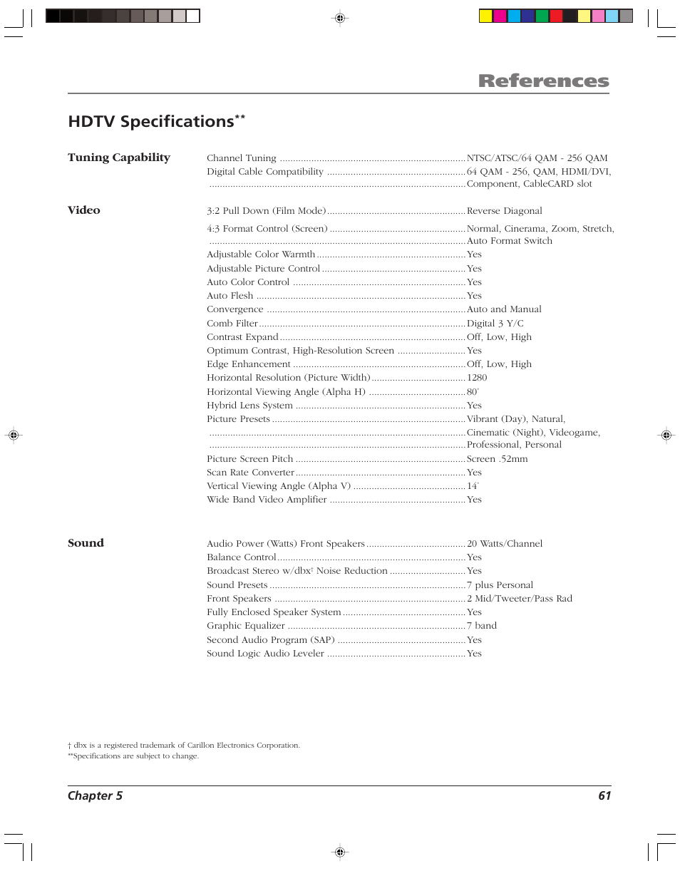 References, Hdtv specifications | RCA HD52W56 User Manual | Page 63 / 80