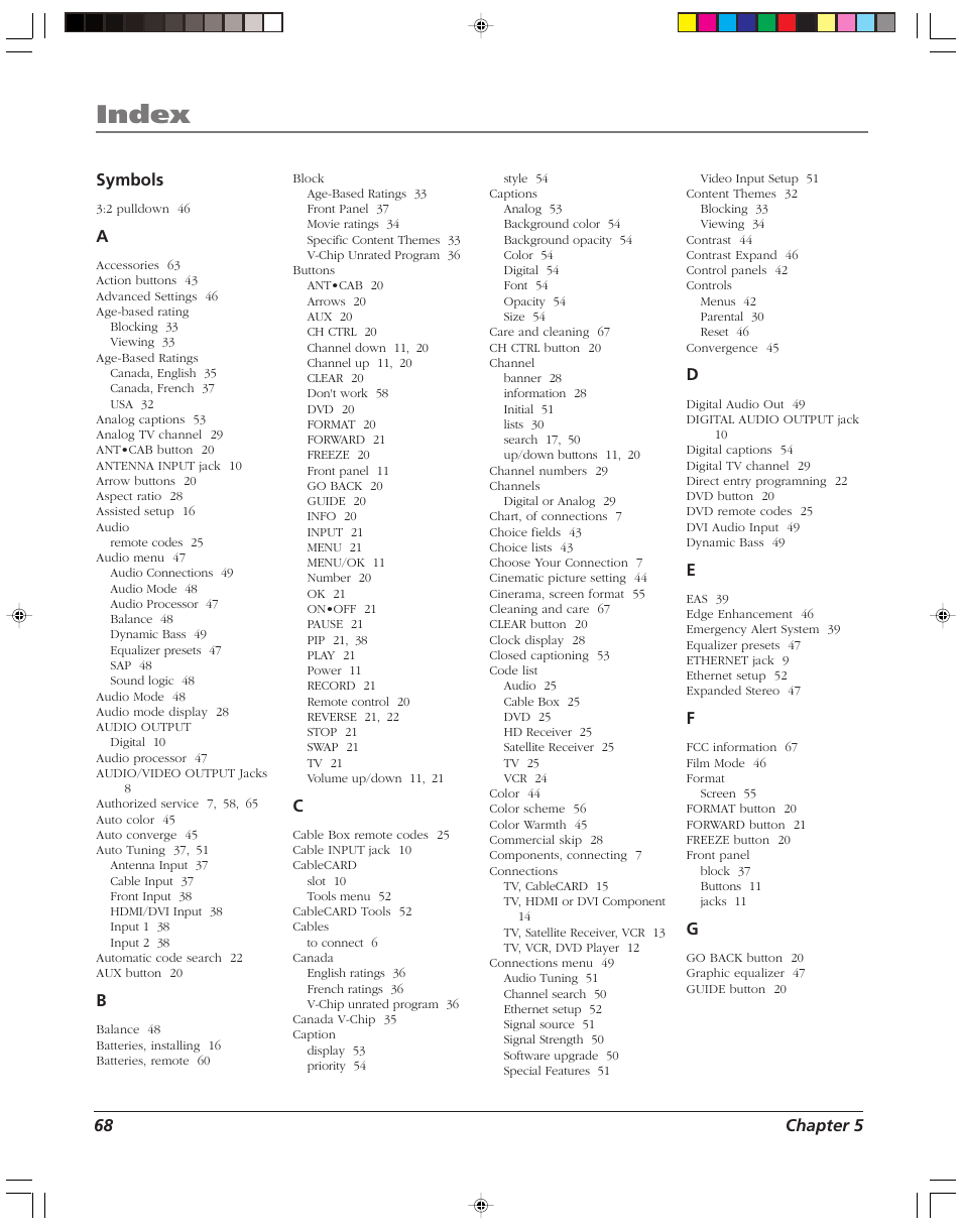 Index | RCA HD52W56 User Manual | Page 70 / 80