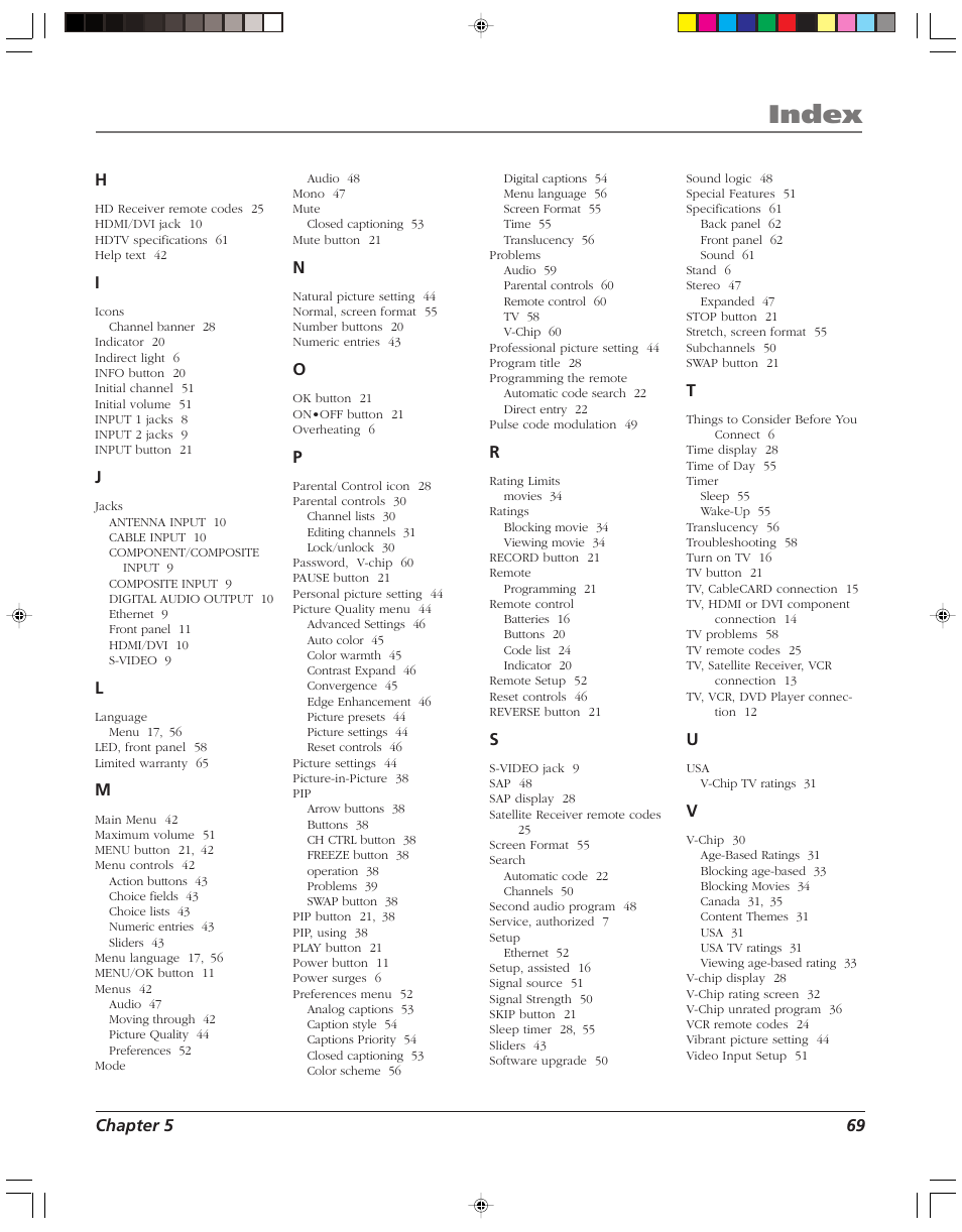 Index | RCA HD52W56 User Manual | Page 71 / 80