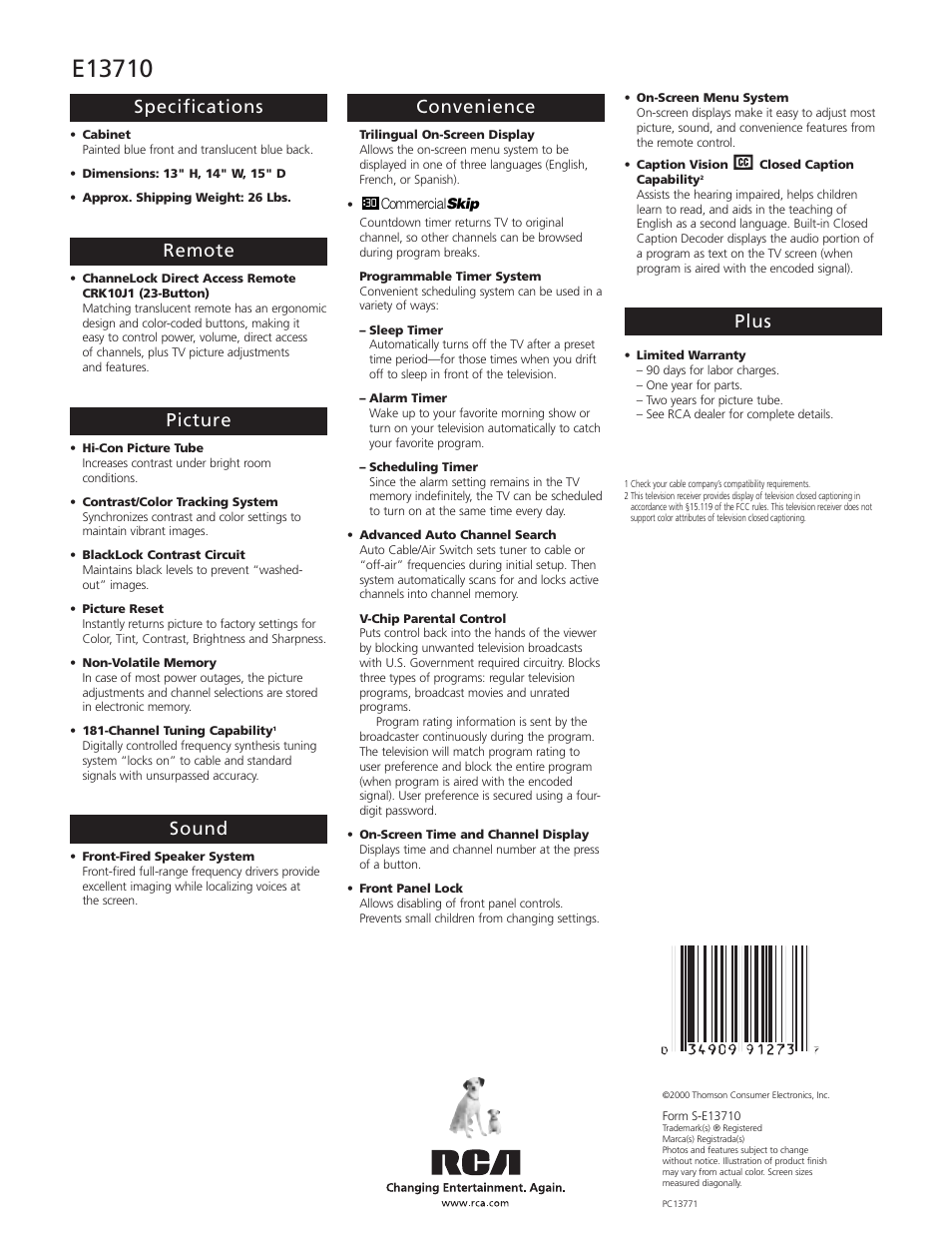 Specifications, Remote, Picture | Sound, Convenience, Plus | RCA E13710 User Manual | Page 2 / 2