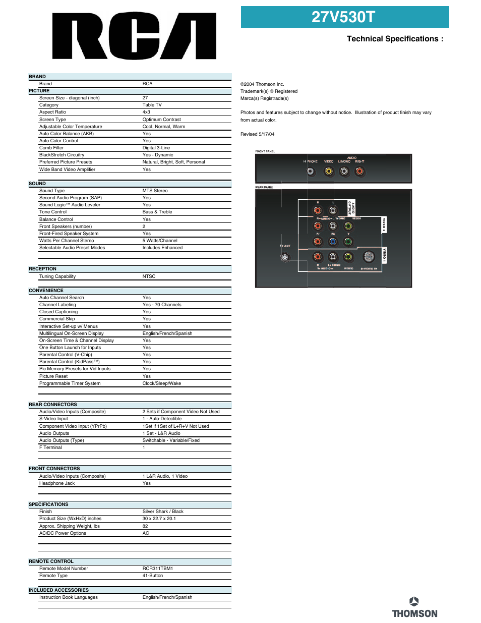 Technical specifications | RCA 27V530T User Manual | Page 2 / 2