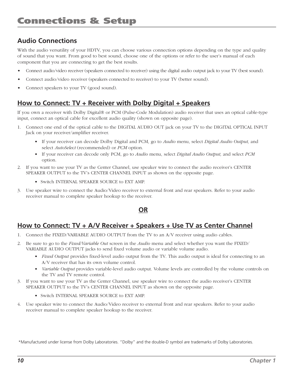 Connections & setup, Audio connections | RCA HD65W40 User Manual | Page 12 / 96