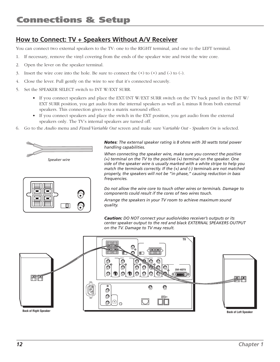 Connections & setup, How to connect: tv + speakers without a/v receiver, 12 chapter 1 | Speaker wire | RCA HD65W40 User Manual | Page 14 / 96