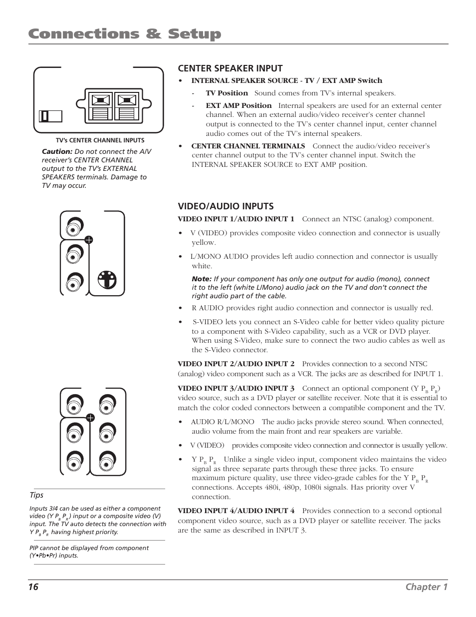 Connections & setup, 16 chapter 1 center speaker input, Video/audio inputs | RCA HD65W40 User Manual | Page 18 / 96
