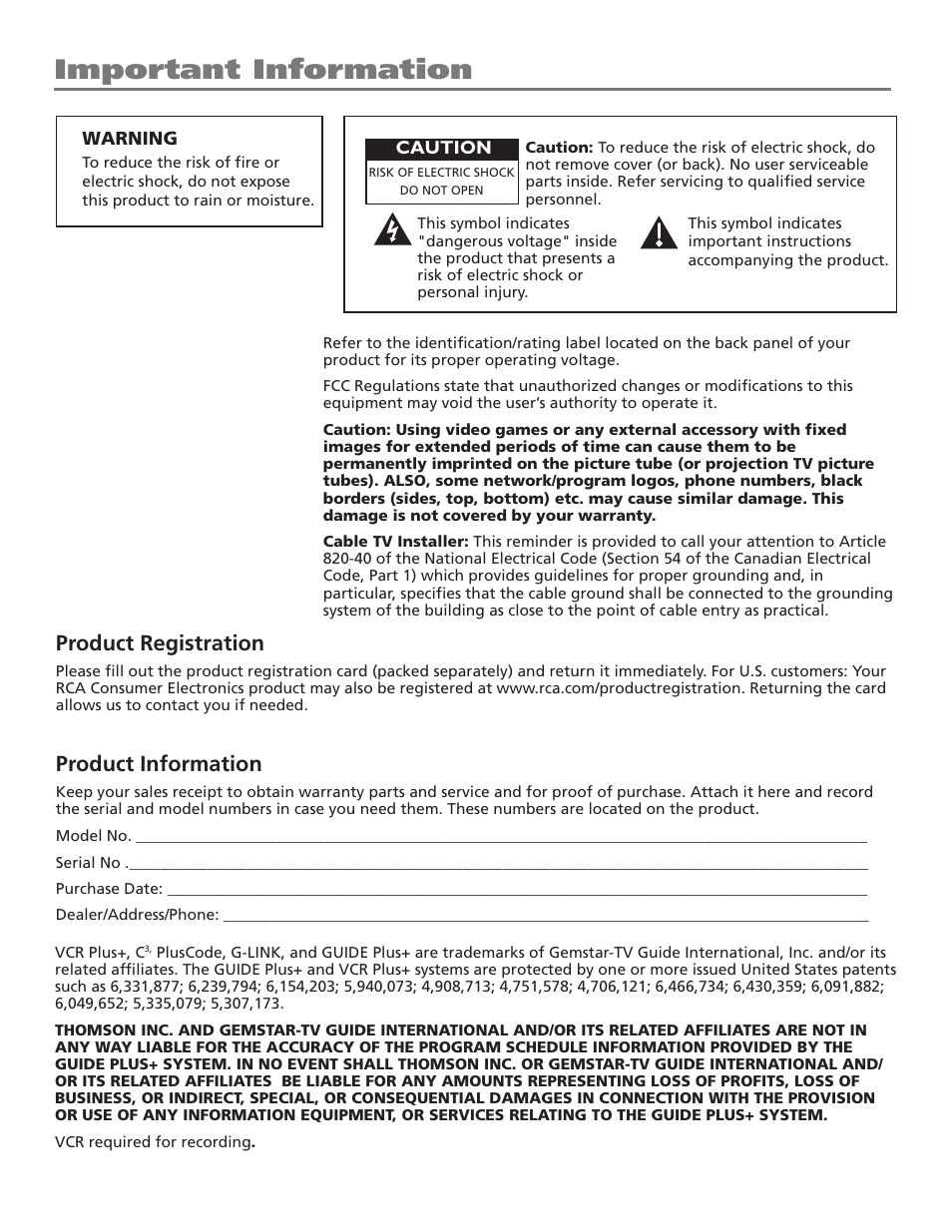 Important information, Product registration, Product information | RCA HD65W40 User Manual | Page 2 / 96