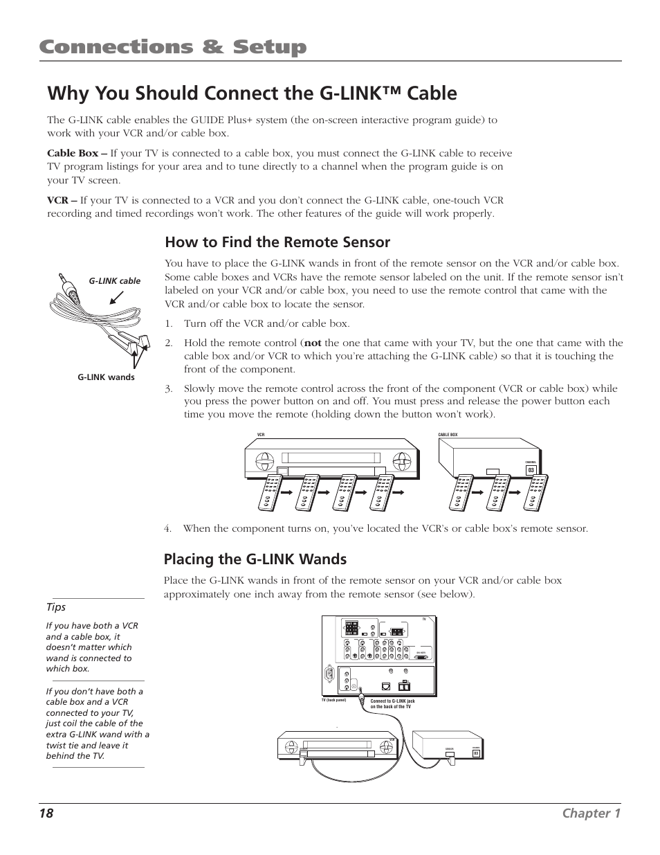 Connections & setup, Why you should connect the g-link™ cable, Placing the g-link wands | How to find the remote sensor, 18 chapter 1 | RCA HD65W40 User Manual | Page 20 / 96