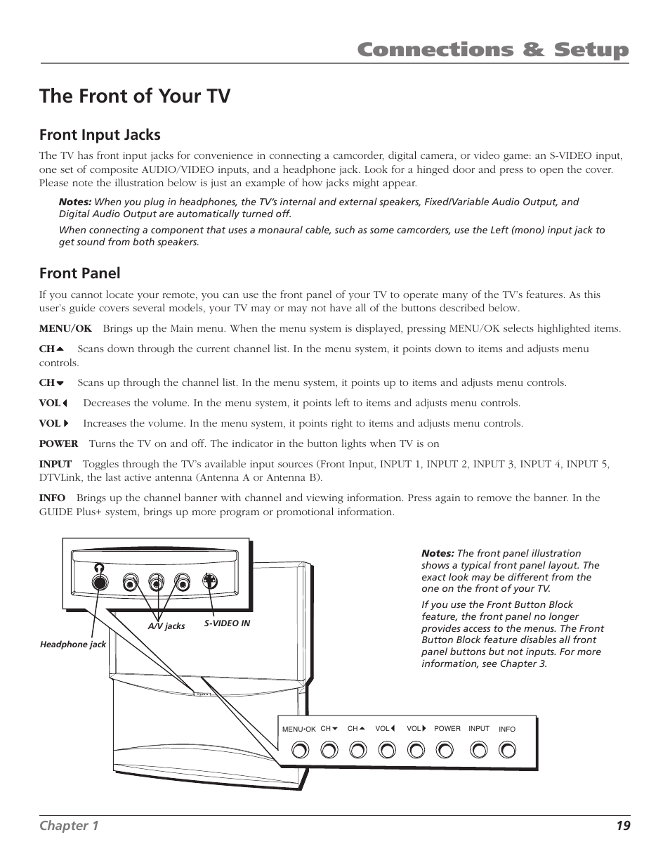Connections & setup, The front of your tv, Front input jacks | Front panel, Chapter 1 19 | RCA HD65W40 User Manual | Page 21 / 96