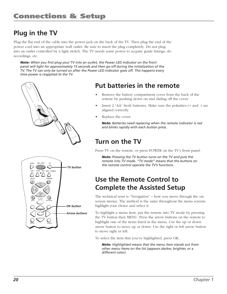 Connections & setup, Plug in the tv, Put batteries in the remote | Turn on the tv, 20 chapter 1 | RCA HD65W40 User Manual | Page 22 / 96