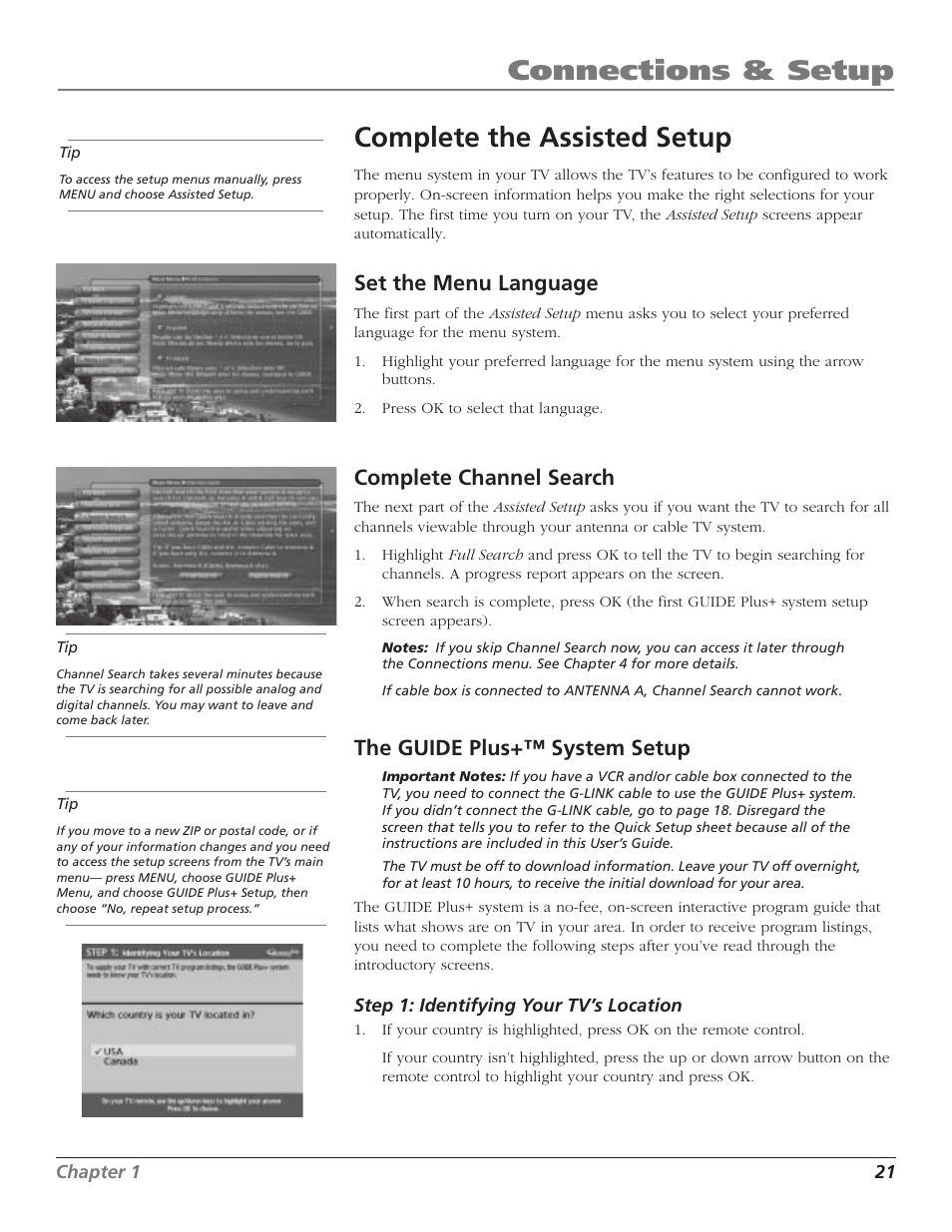 Connections & setup, Complete the assisted setup, Set the menu language | Complete channel search, The guide plus+™ system setup | RCA HD65W40 User Manual | Page 23 / 96