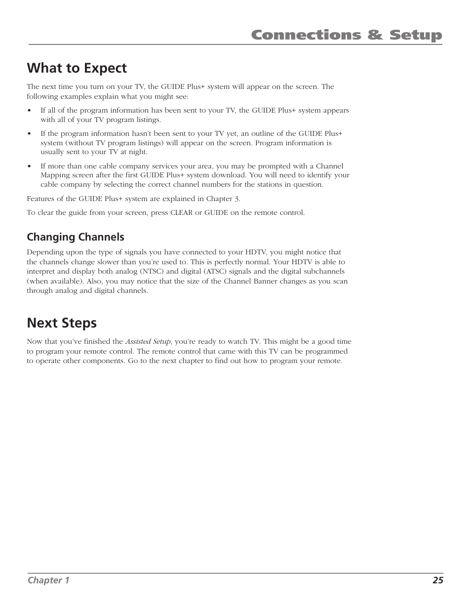 Connections & setup, What to expect, Next steps | RCA HD65W40 User Manual | Page 27 / 96
