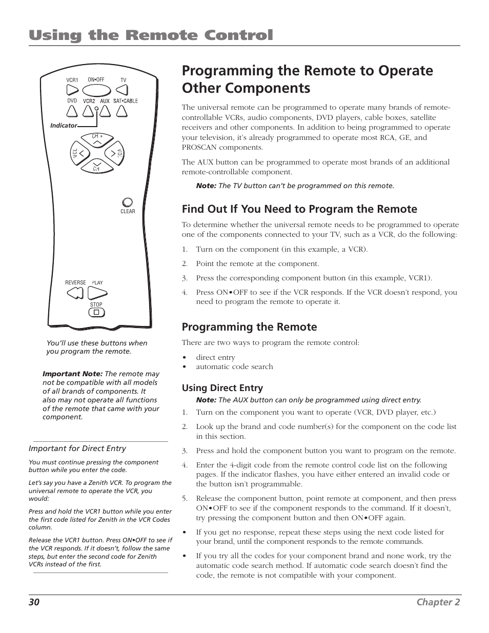 Using the remote control, Programming the remote to operate other components, Find out if you need to program the remote | Programming the remote, 30 chapter 2, Using direct entry | RCA HD65W40 User Manual | Page 32 / 96