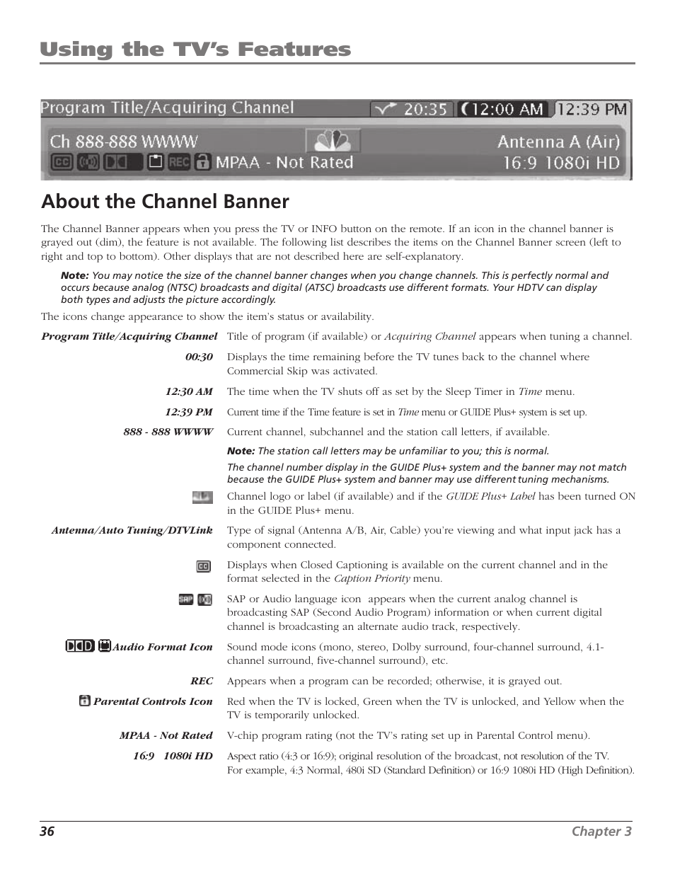 Using the tv’s features, About the channel banner | RCA HD65W40 User Manual | Page 38 / 96
