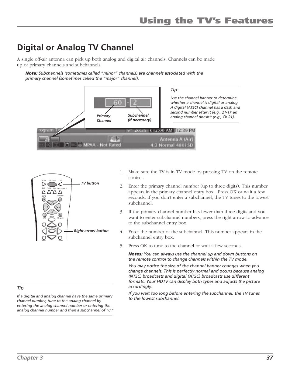 Using the tv’s features, Digital or analog tv channel, Chapter 3 37 | RCA HD65W40 User Manual | Page 39 / 96