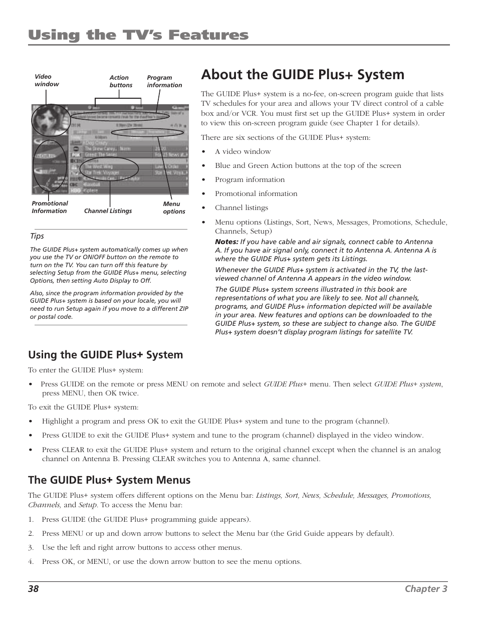 Using the tv’s features, About the guide plus+ system, Using the guide plus+ system | The guide plus+ system menus | RCA HD65W40 User Manual | Page 40 / 96