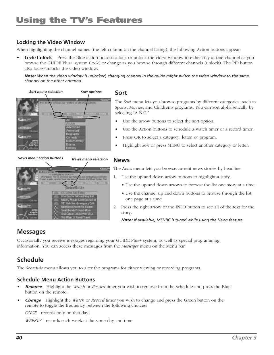 Using the tv’s features, Messages, Schedule | Sort, News | RCA HD65W40 User Manual | Page 42 / 96