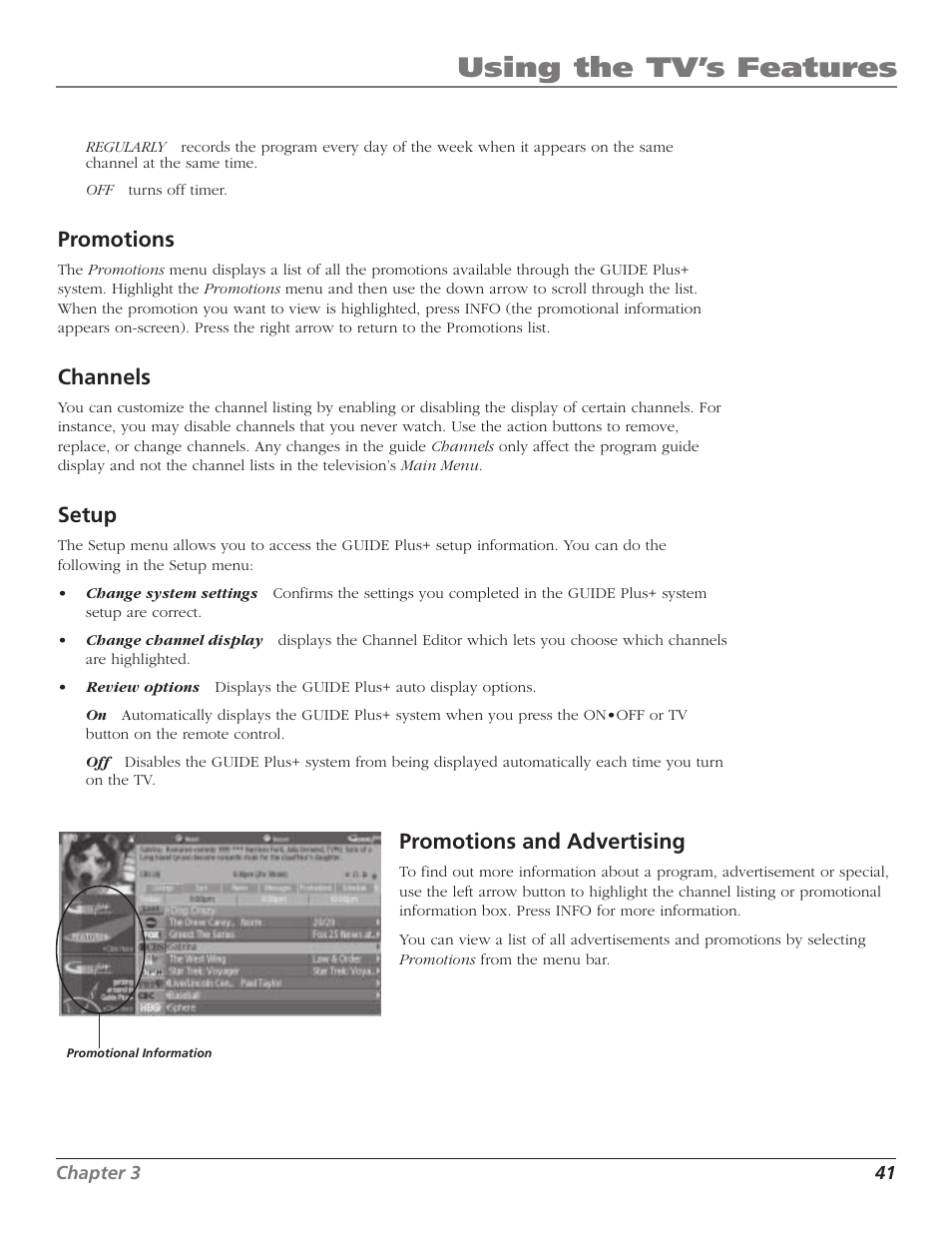 Using the tv’s features, Promotions, Channels | Setup, Promotions and advertising | RCA HD65W40 User Manual | Page 43 / 96