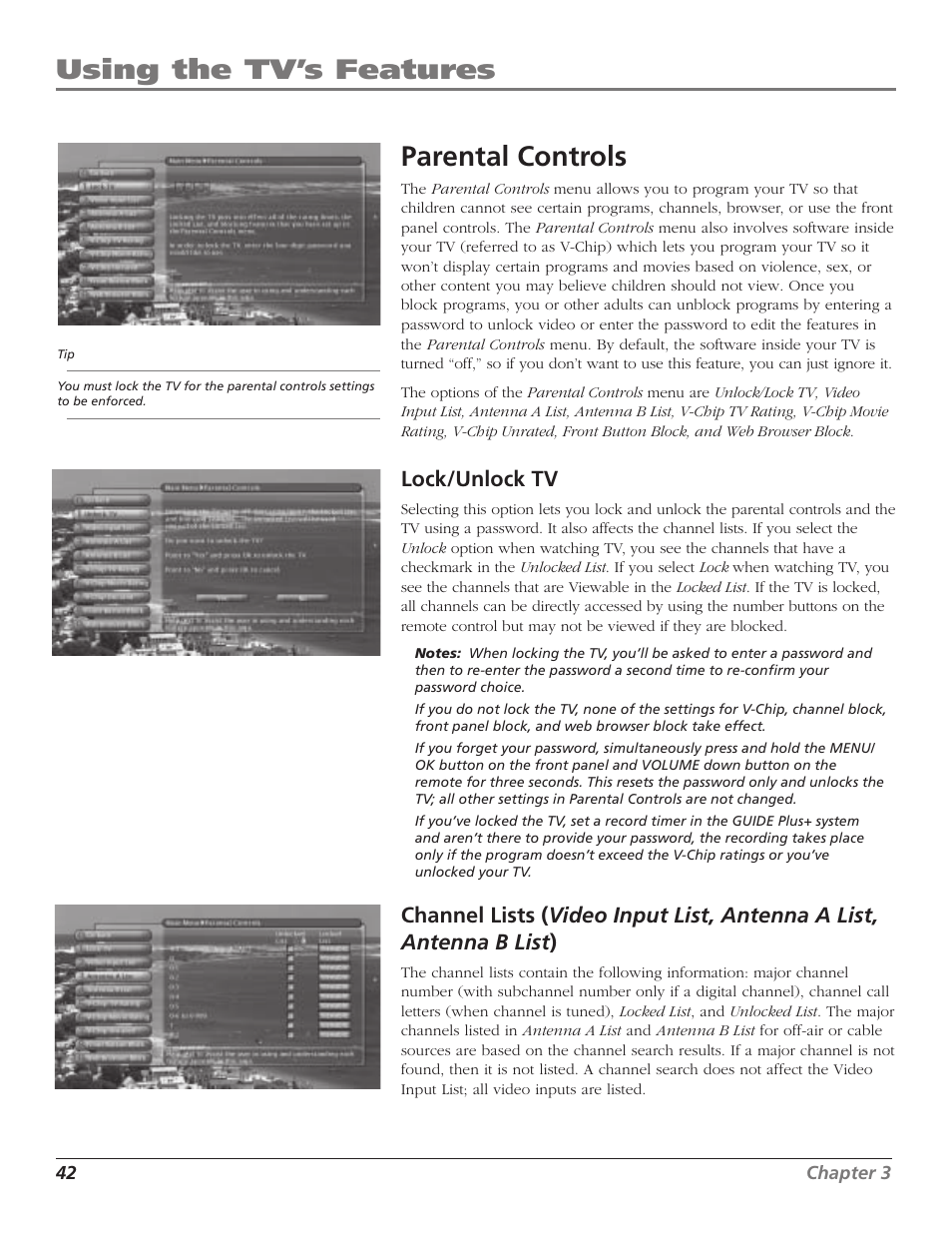 Using the tv’s features, Parental controls, Lock/unlock tv | RCA HD65W40 User Manual | Page 44 / 96