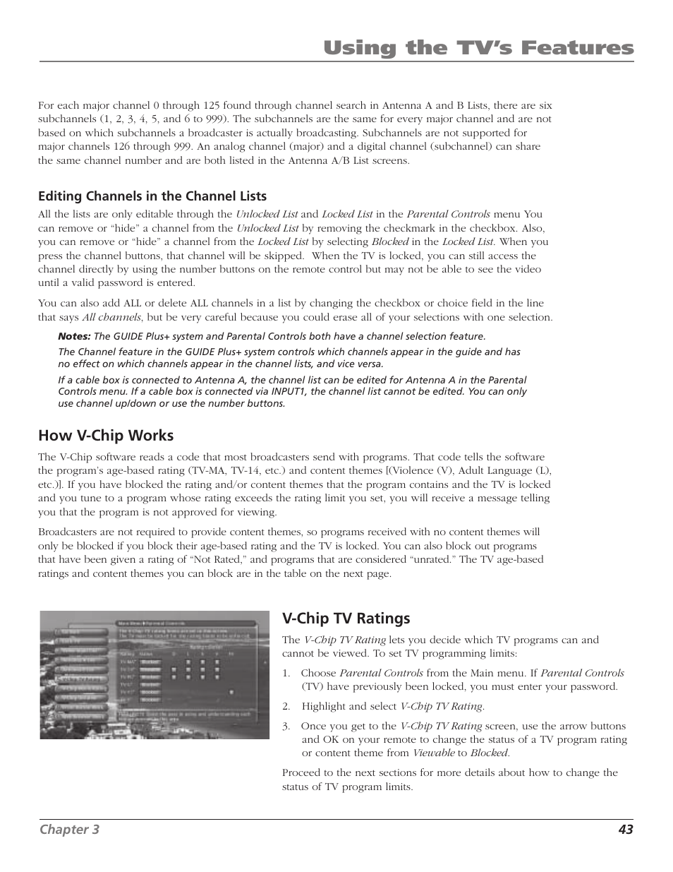 Using the tv’s features, How v-chip works, V-chip tv ratings | RCA HD65W40 User Manual | Page 45 / 96