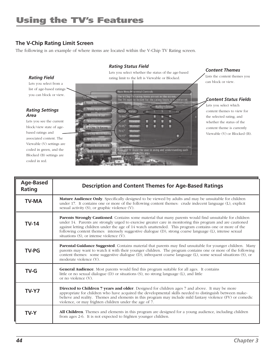Using the tv’s features, 44 chapter 3 | RCA HD65W40 User Manual | Page 46 / 96