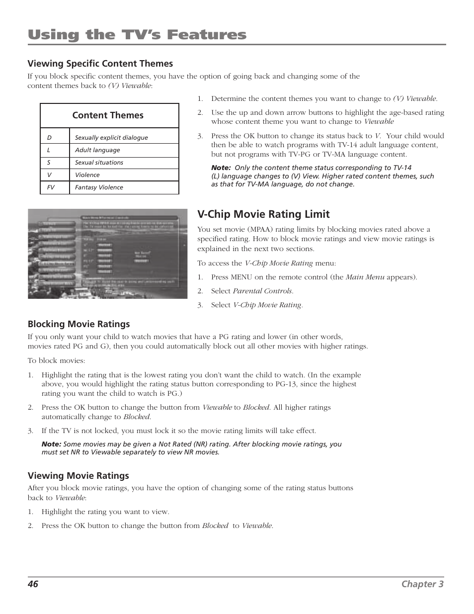 Using the tv’s features, V-chip movie rating limit | RCA HD65W40 User Manual | Page 48 / 96
