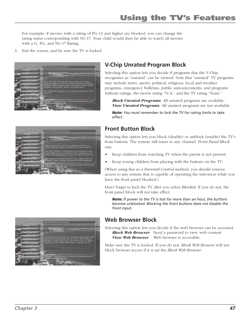 Using the tv’s features, V-chip unrated program block, Front button block | Web browser block | RCA HD65W40 User Manual | Page 49 / 96