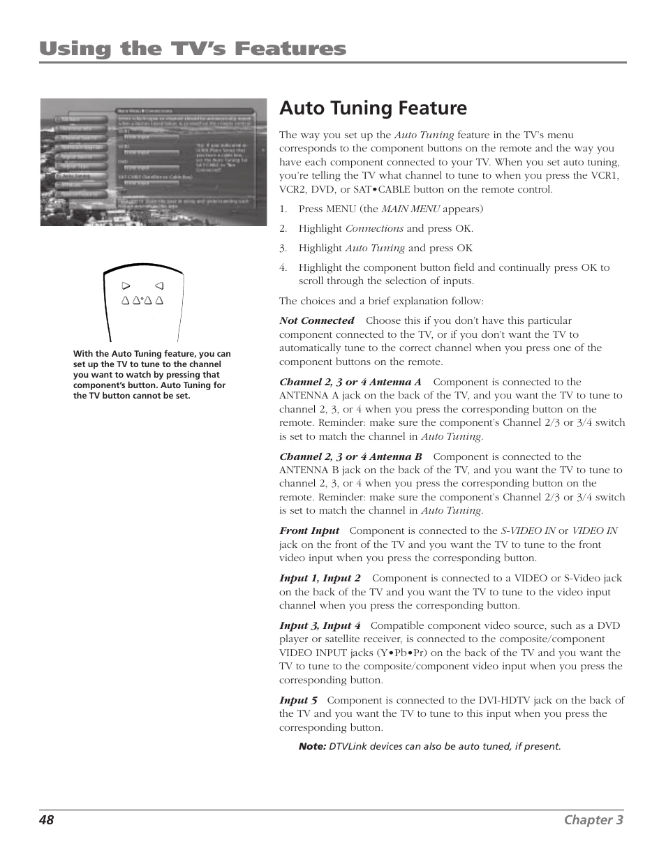 Using the tv’s features, Auto tuning feature, 48 chapter 3 | RCA HD65W40 User Manual | Page 50 / 96