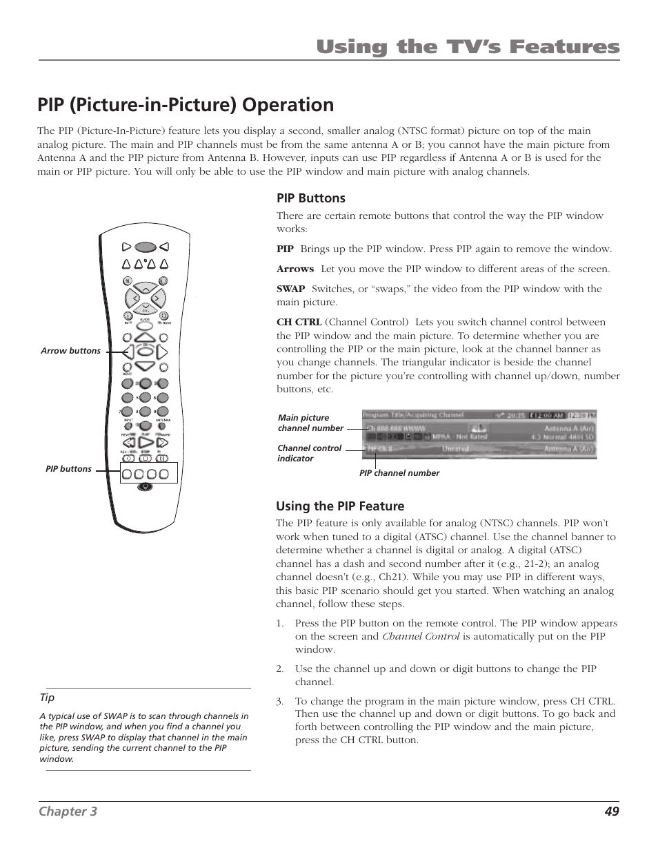 Using the tv’s features, Pip (picture-in-picture) operation, Chapter 3 49 | Pip buttons, Using the pip feature | RCA HD65W40 User Manual | Page 51 / 96