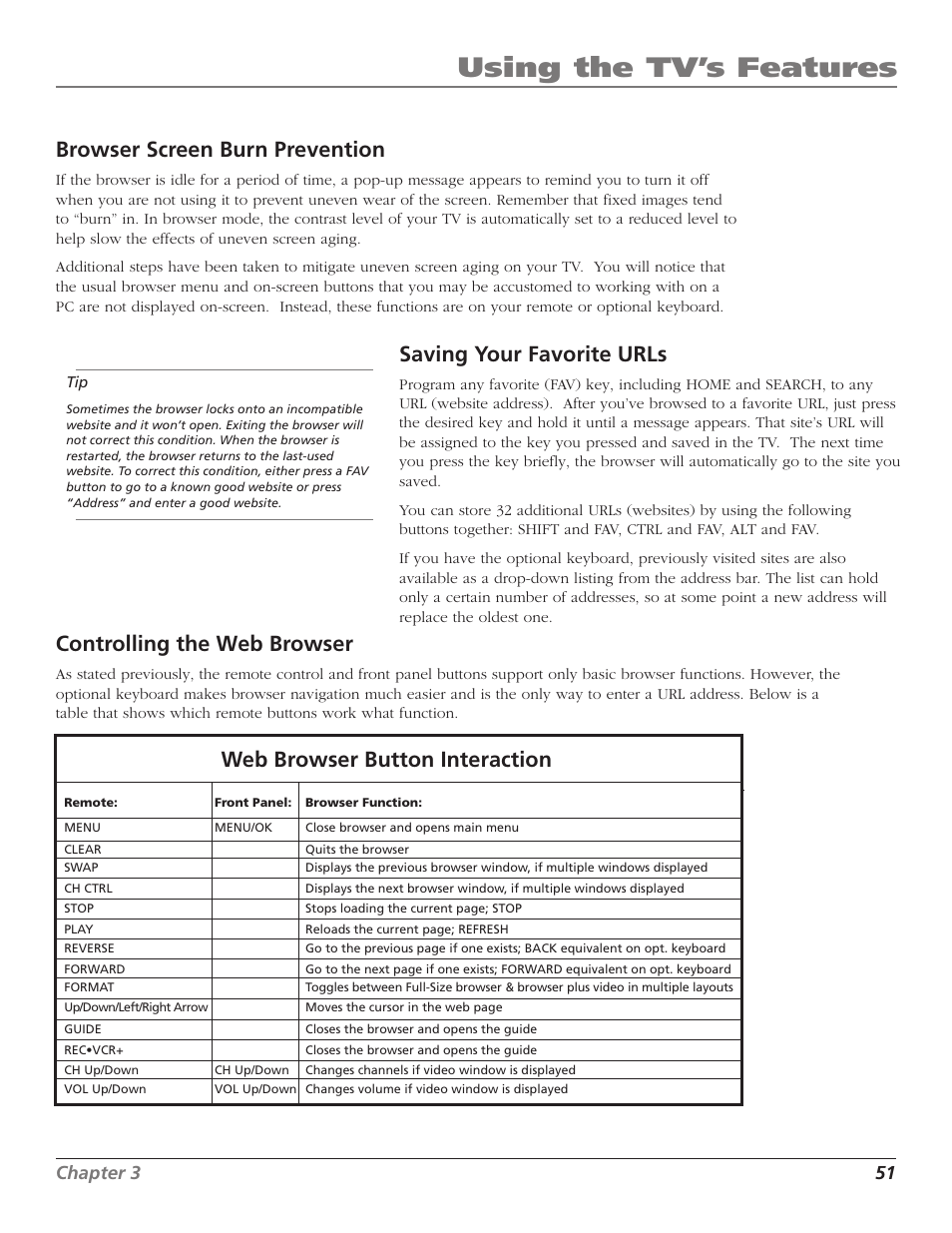 Using the tv’s features, Browser screen burn prevention, Web browser button interaction | Saving your favorite urls, Controlling the web browser, Chapter 3 51 | RCA HD65W40 User Manual | Page 53 / 96