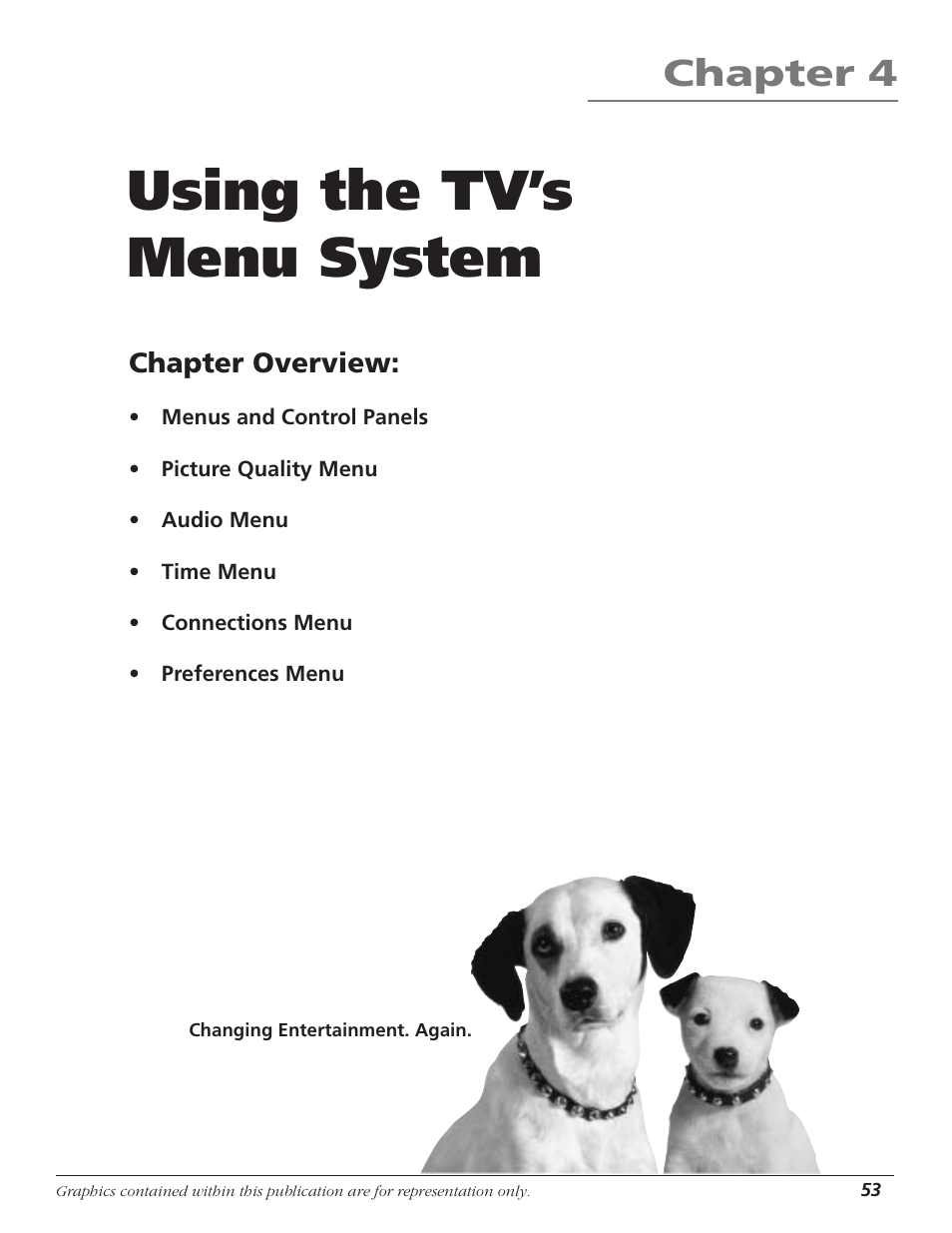 Using the tv’s menu system, Chapter 4, Chapter overview | RCA HD65W40 User Manual | Page 55 / 96