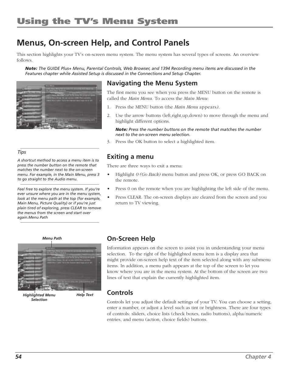 Using the tv’s menu system, Menus, on-screen help, and control panels, Navigating the menu system | Exiting a menu, On-screen help, Controls | RCA HD65W40 User Manual | Page 56 / 96