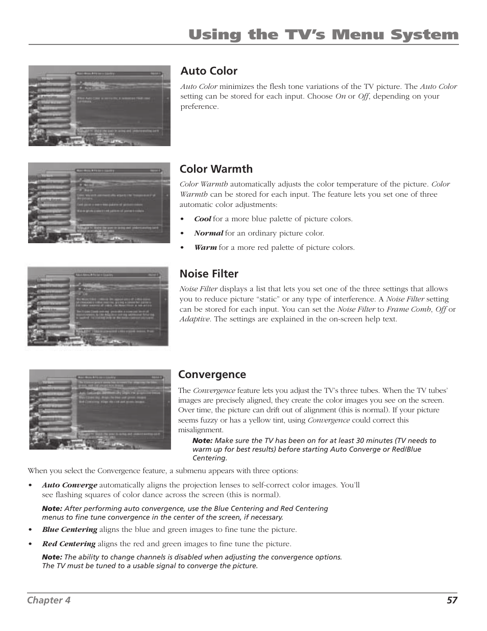 Using the tv’s menu system, Auto color, Color warmth | Noise filter, Convergence | RCA HD65W40 User Manual | Page 59 / 96
