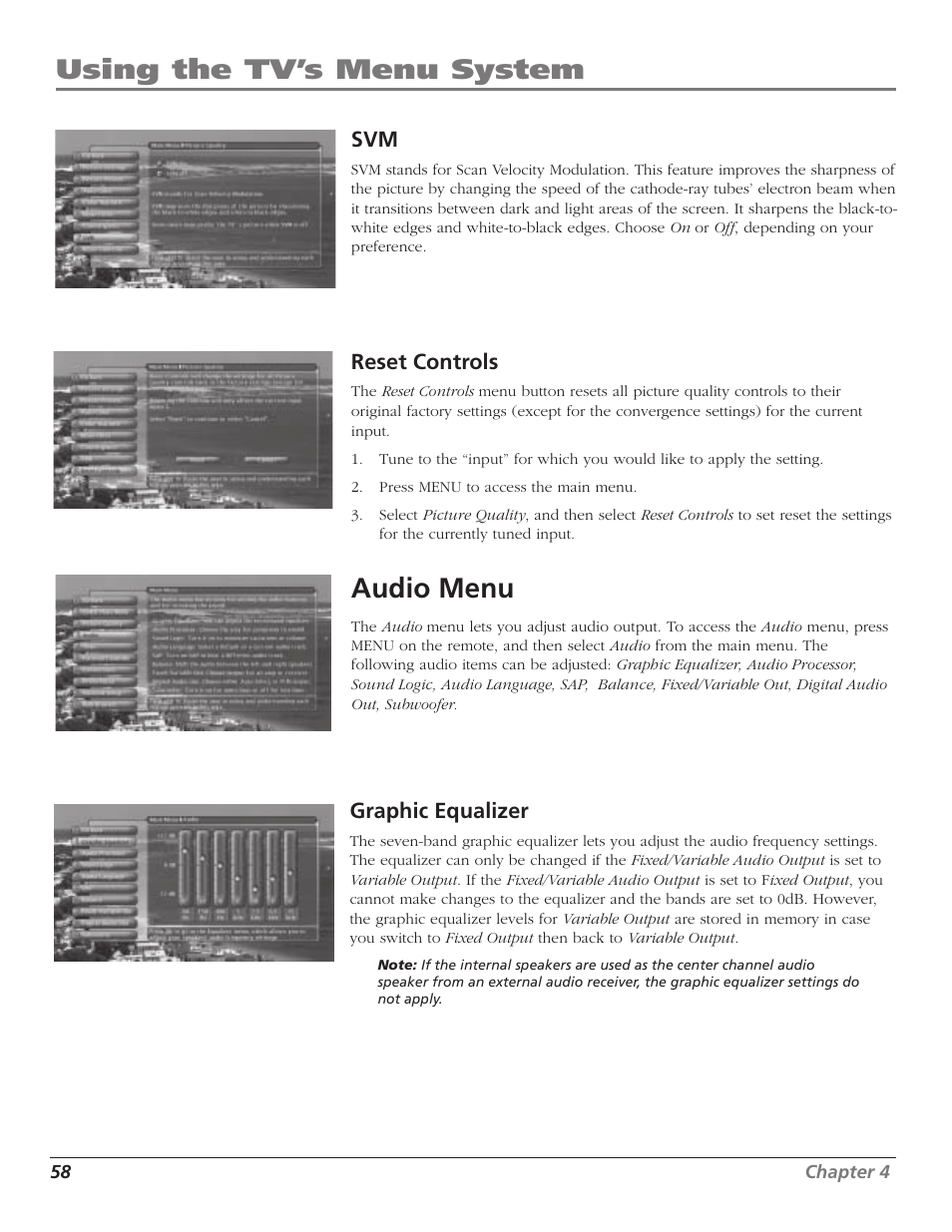 Using the tv’s menu system, Audio menu | RCA HD65W40 User Manual | Page 60 / 96