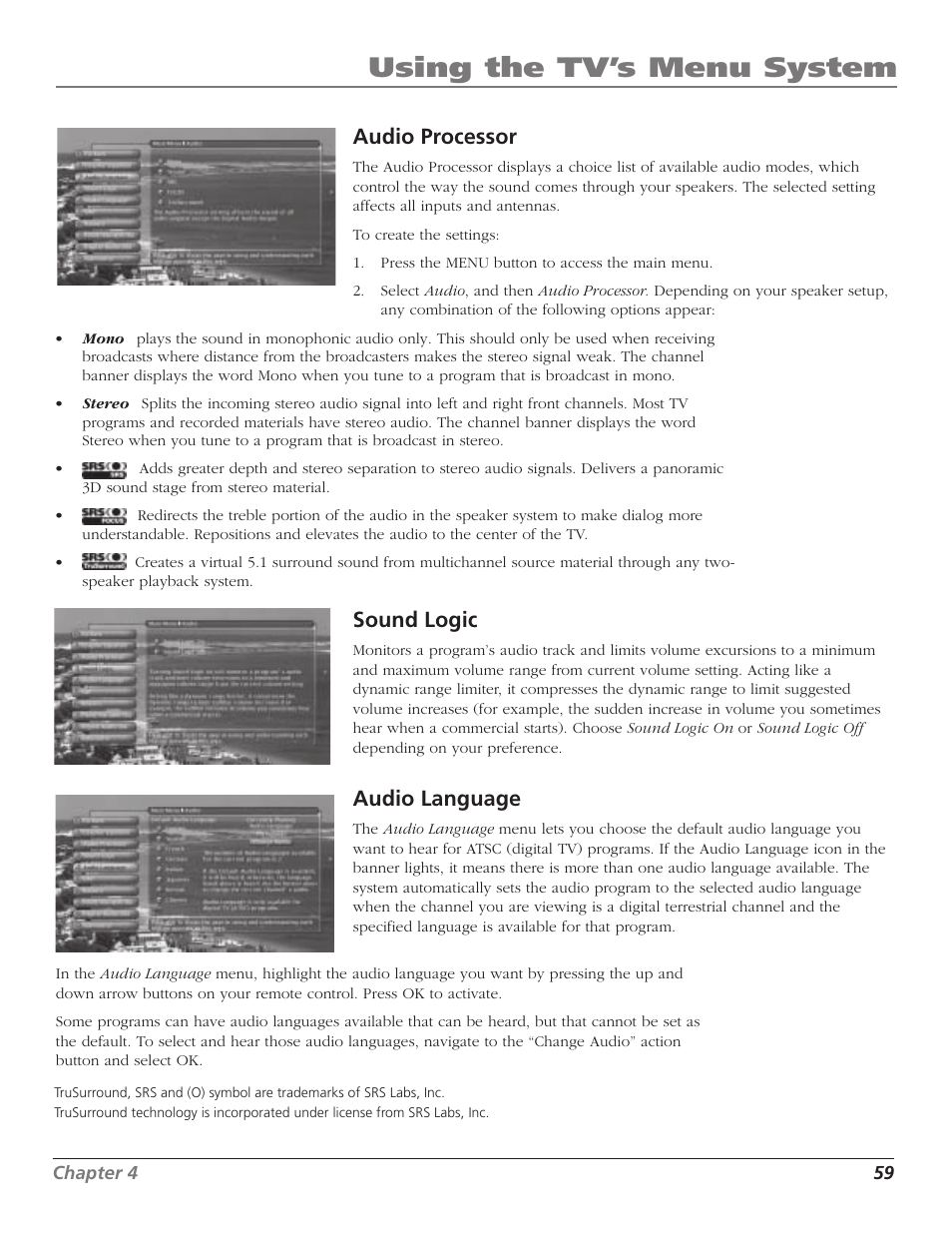 Using the tv’s menu system, Audio processor, Sound logic | Audio language | RCA HD65W40 User Manual | Page 61 / 96