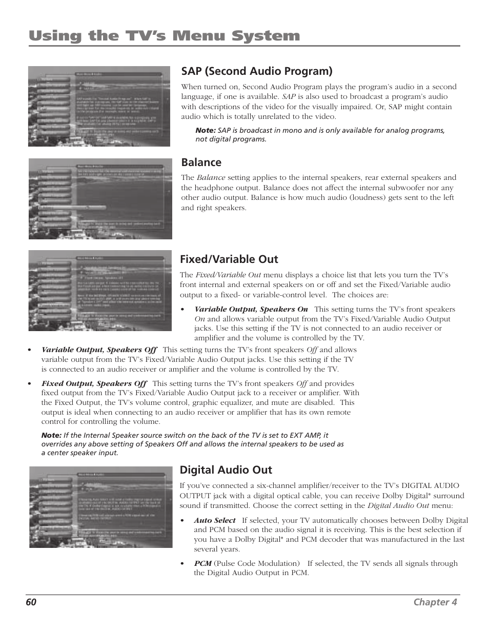 Using the tv’s menu system, Sap (second audio program), Balance | Fixed/variable out, Digital audio out | RCA HD65W40 User Manual | Page 62 / 96