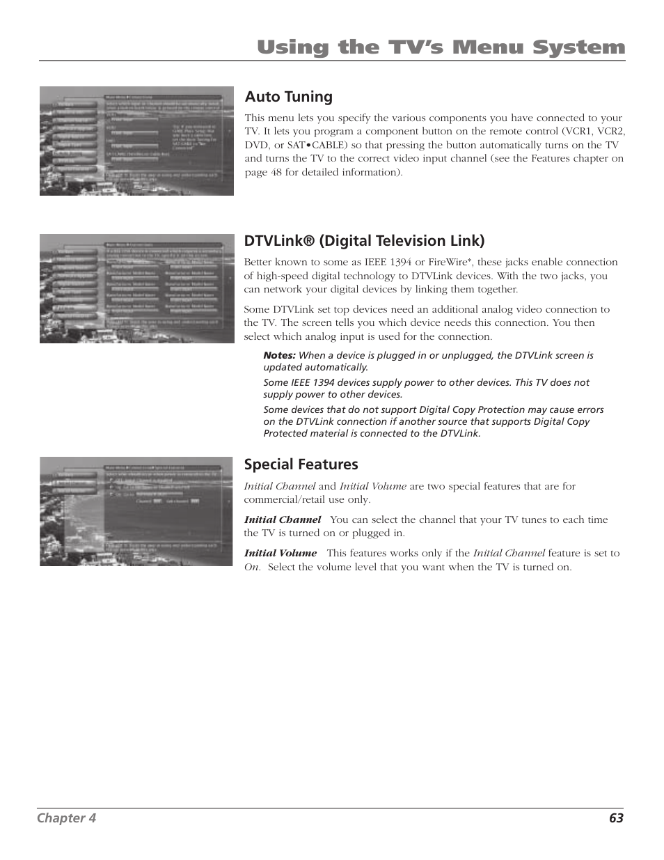 Using the tv’s menu system, Auto tuning, Dtvlink® (digital television link) | Special features | RCA HD65W40 User Manual | Page 65 / 96