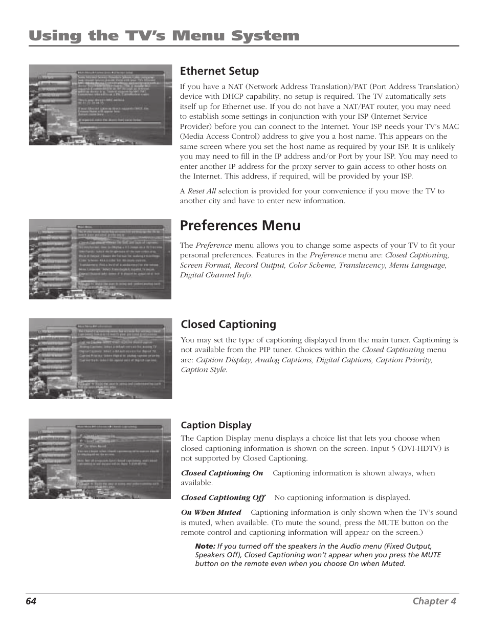 Using the tv’s menu system, Preferences menu, Ethernet setup | Closed captioning | RCA HD65W40 User Manual | Page 66 / 96