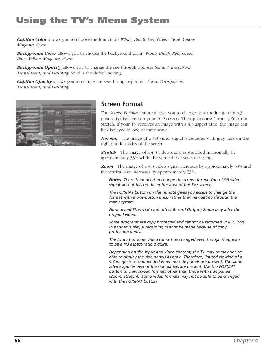 Using the tv’s menu system, Screen format | RCA HD65W40 User Manual | Page 68 / 96