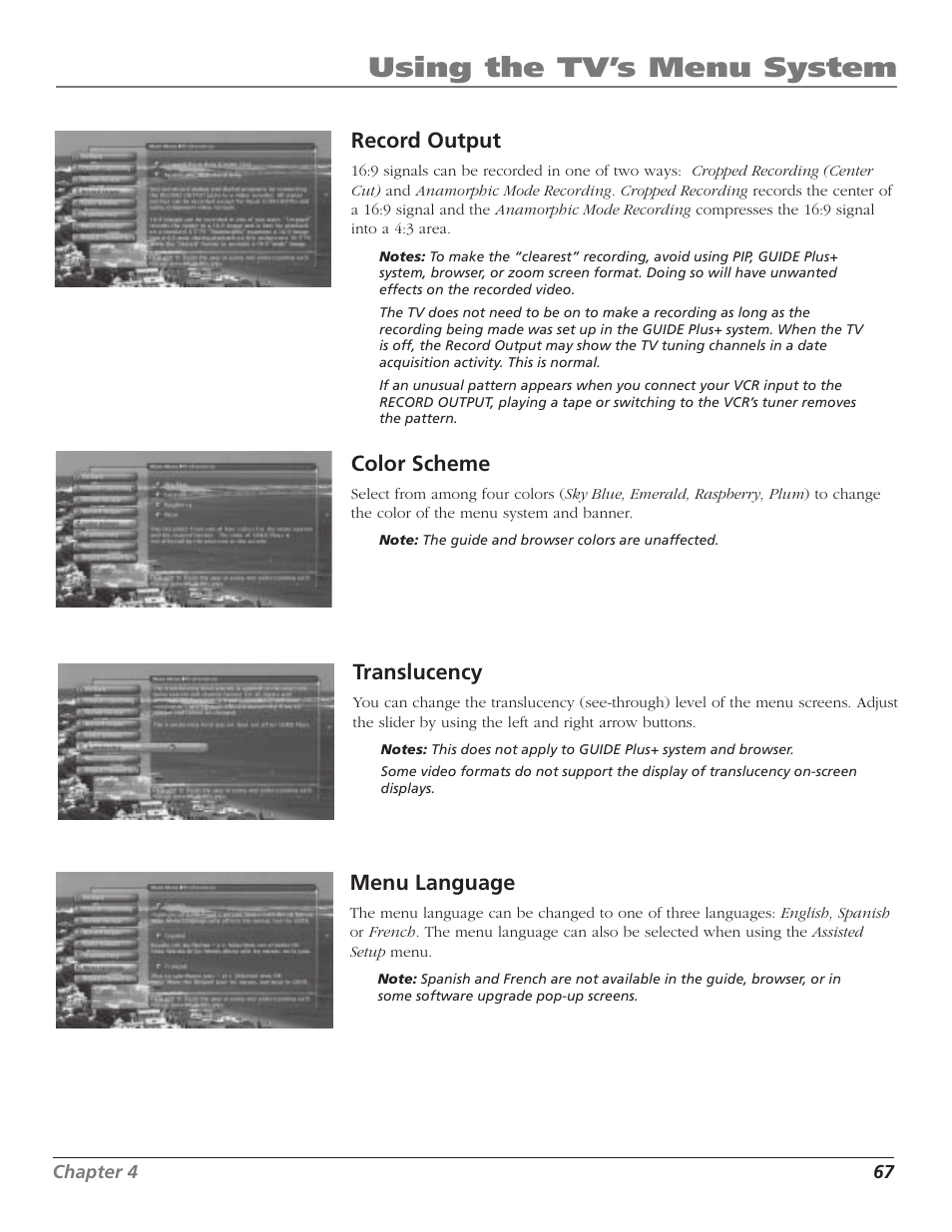 Using the tv’s menu system, Record output, Color scheme | Translucency, Menu language | RCA HD65W40 User Manual | Page 69 / 96