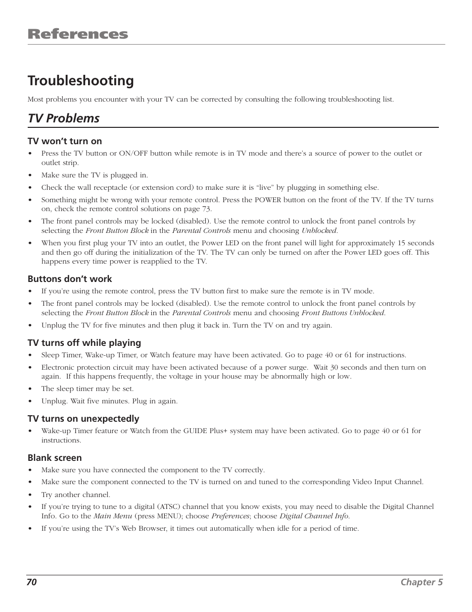 References, Troubleshooting, Tv problems | RCA HD65W40 User Manual | Page 72 / 96