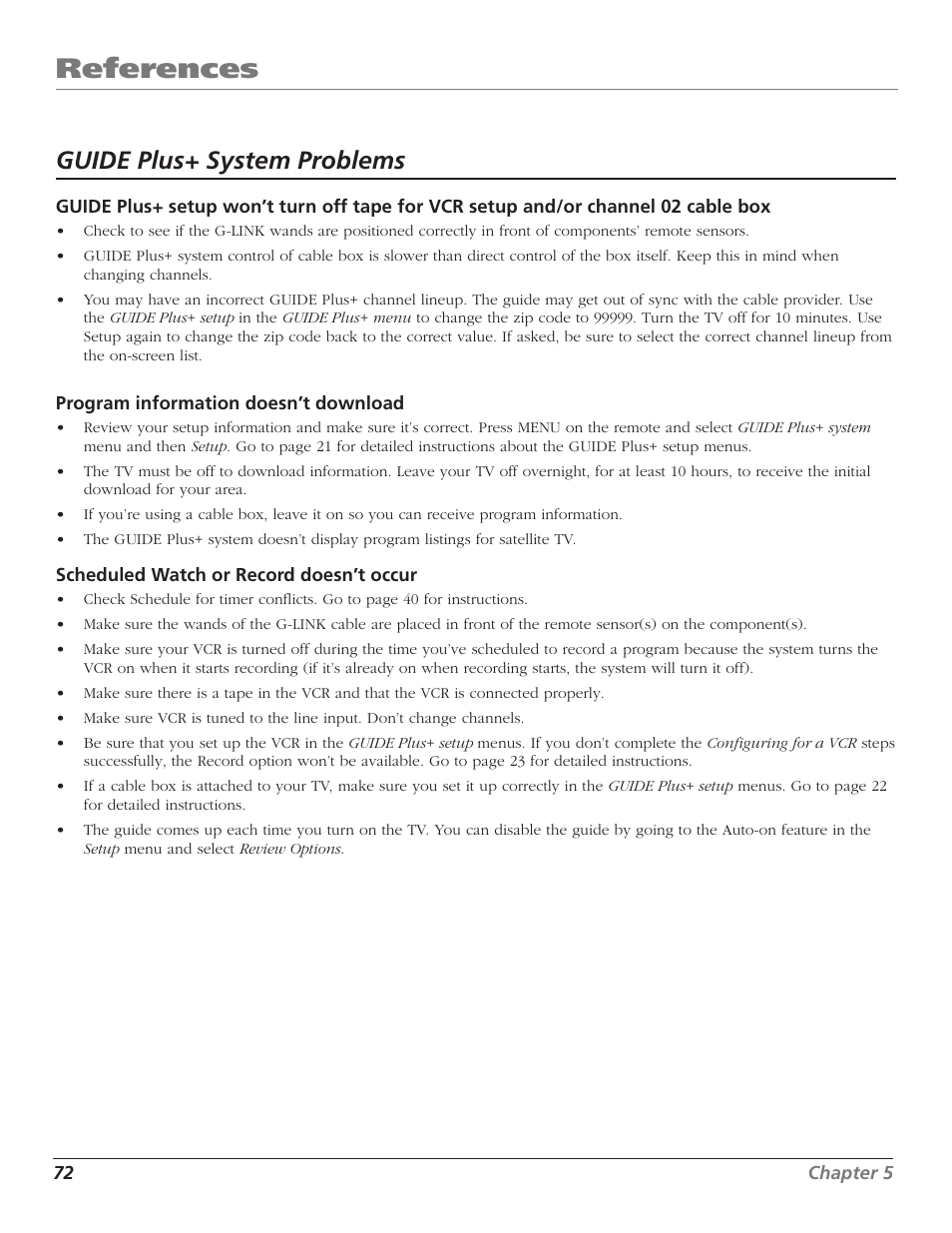 References, Guide plus+ system problems | RCA HD65W40 User Manual | Page 74 / 96