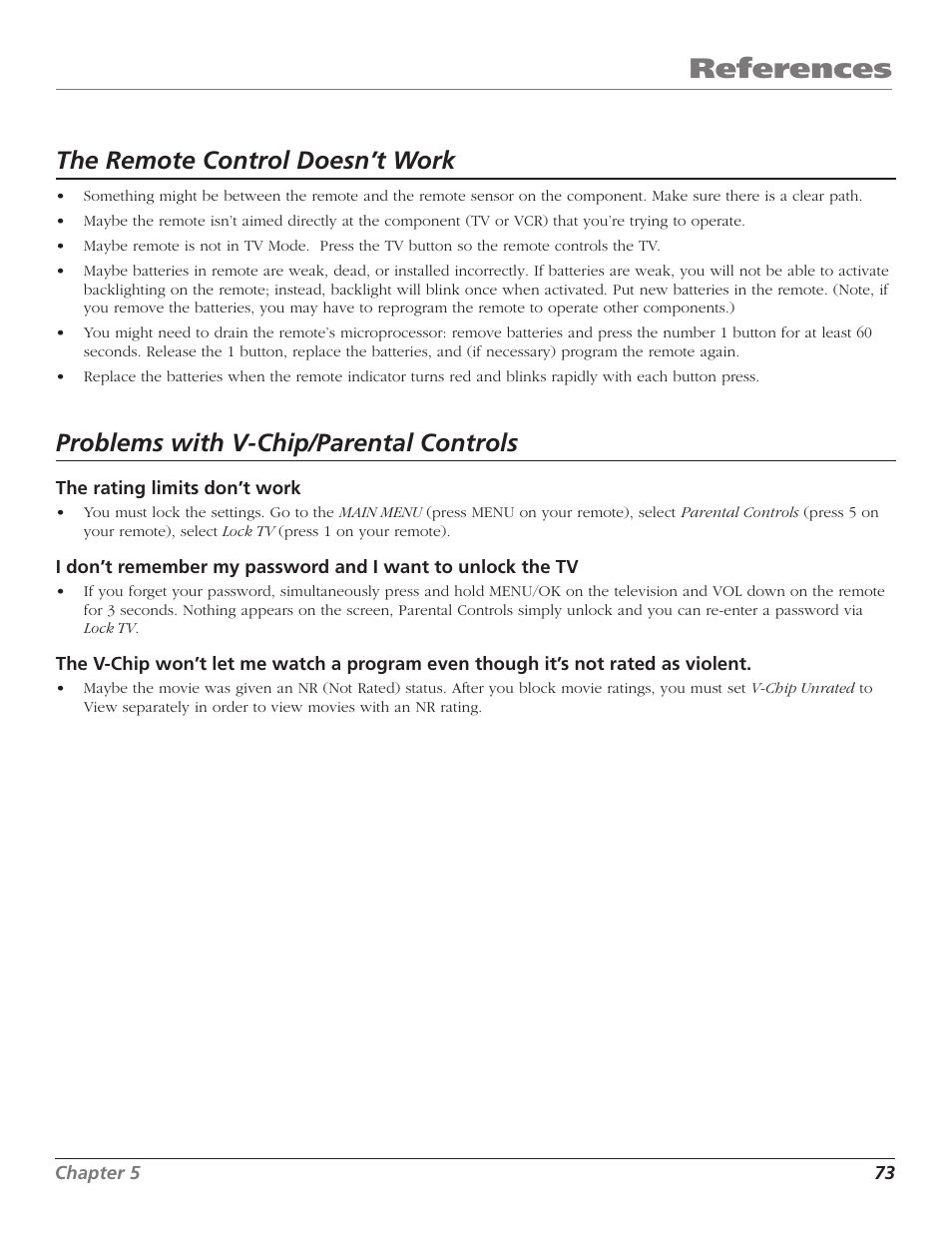 References, The remote control doesn’t work, Problems with v-chip/parental controls | RCA HD65W40 User Manual | Page 75 / 96