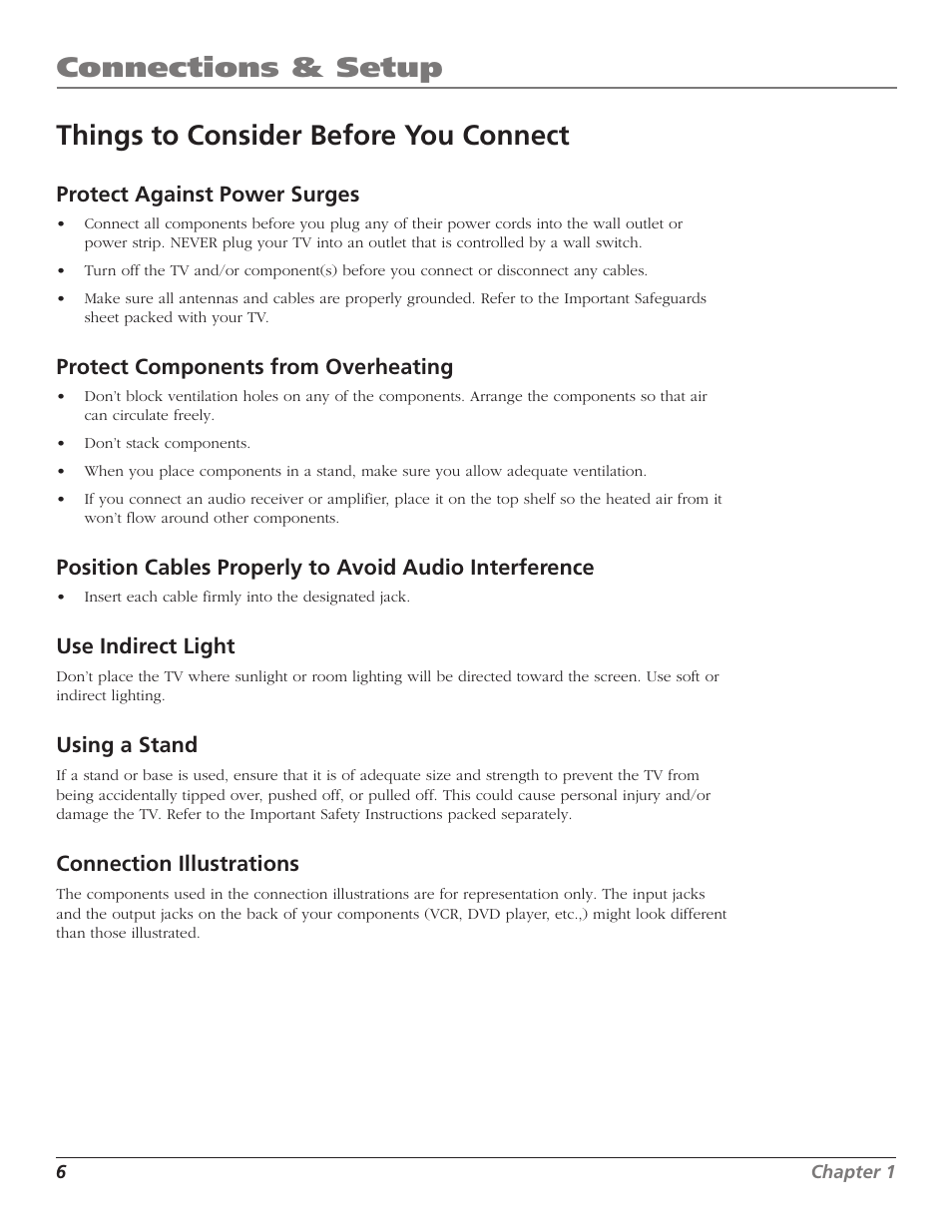Connections & setup, Things to consider before you connect, Protect against power surges | Protect components from overheating, Use indirect light, Using a stand, Connection illustrations | RCA HD65W40 User Manual | Page 8 / 96