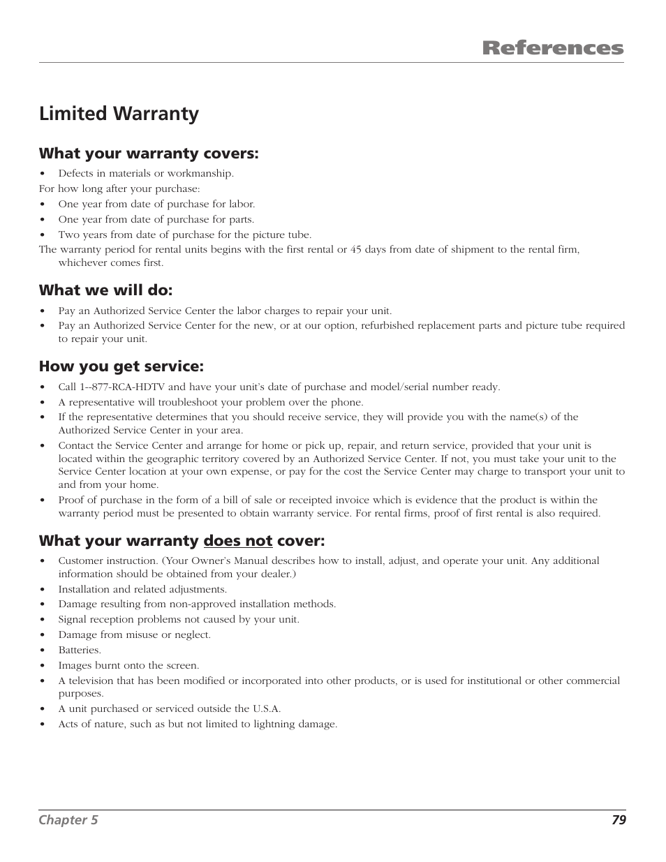 References, Limited warranty, What your warranty covers | What we will do, How you get service, What your warranty does not cover | RCA HD65W40 User Manual | Page 81 / 96